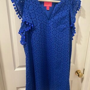 Lilly Pulitzer Blue Eyelet Dress with Pom Pom Sleeves